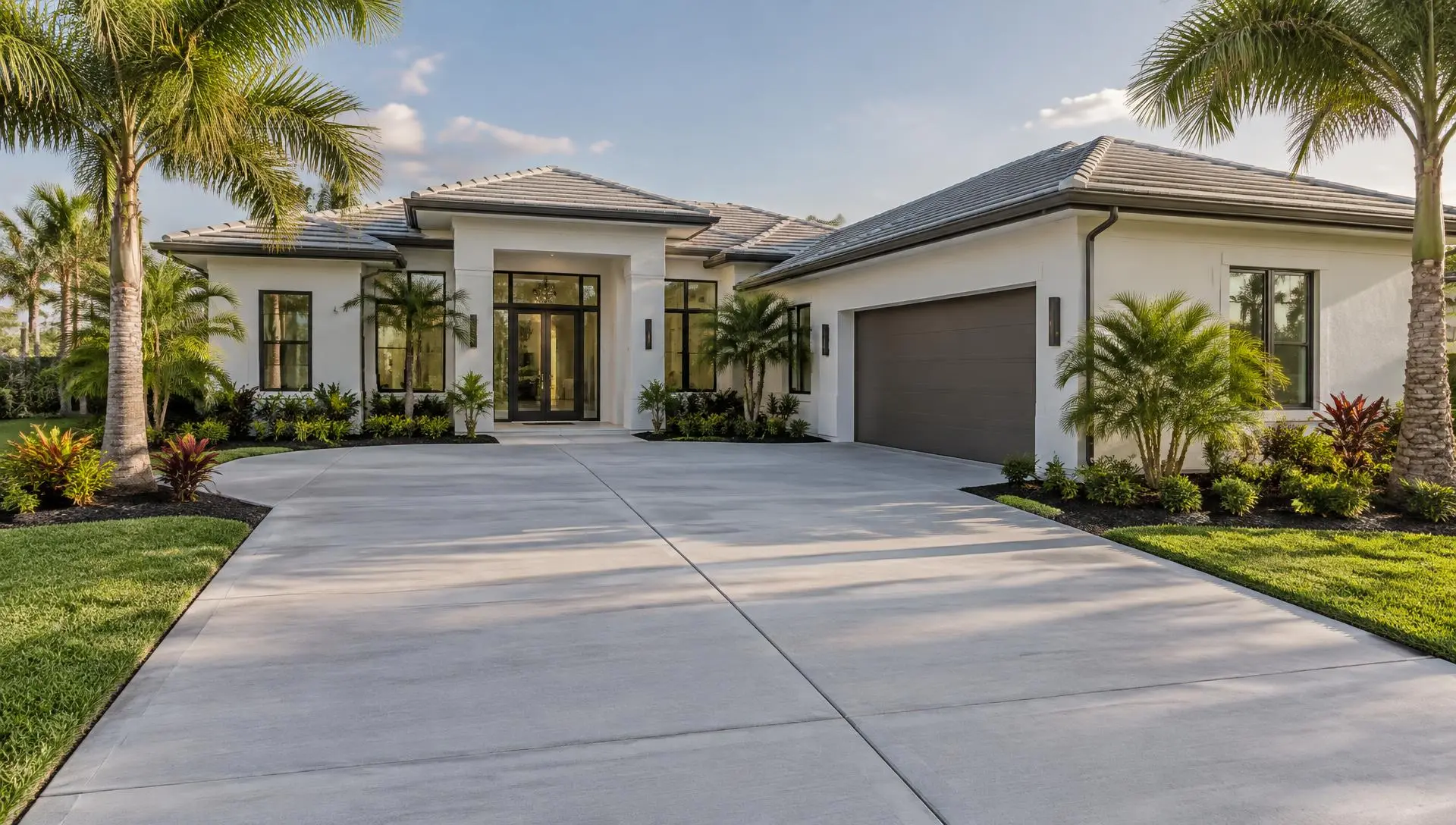 Wide light-gray concrete driveway leading to a white stucco Florida home with palm trees