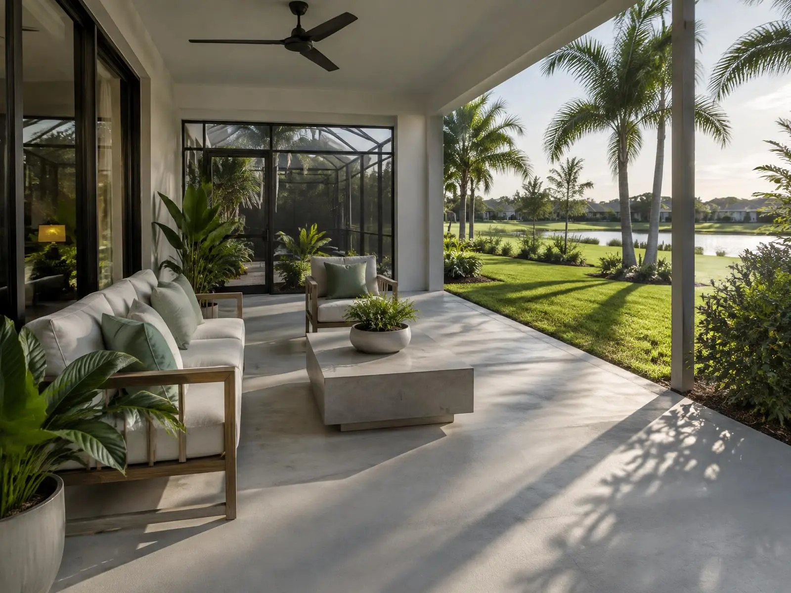Shaded concrete patio with seating and tropical plants at a Florida home