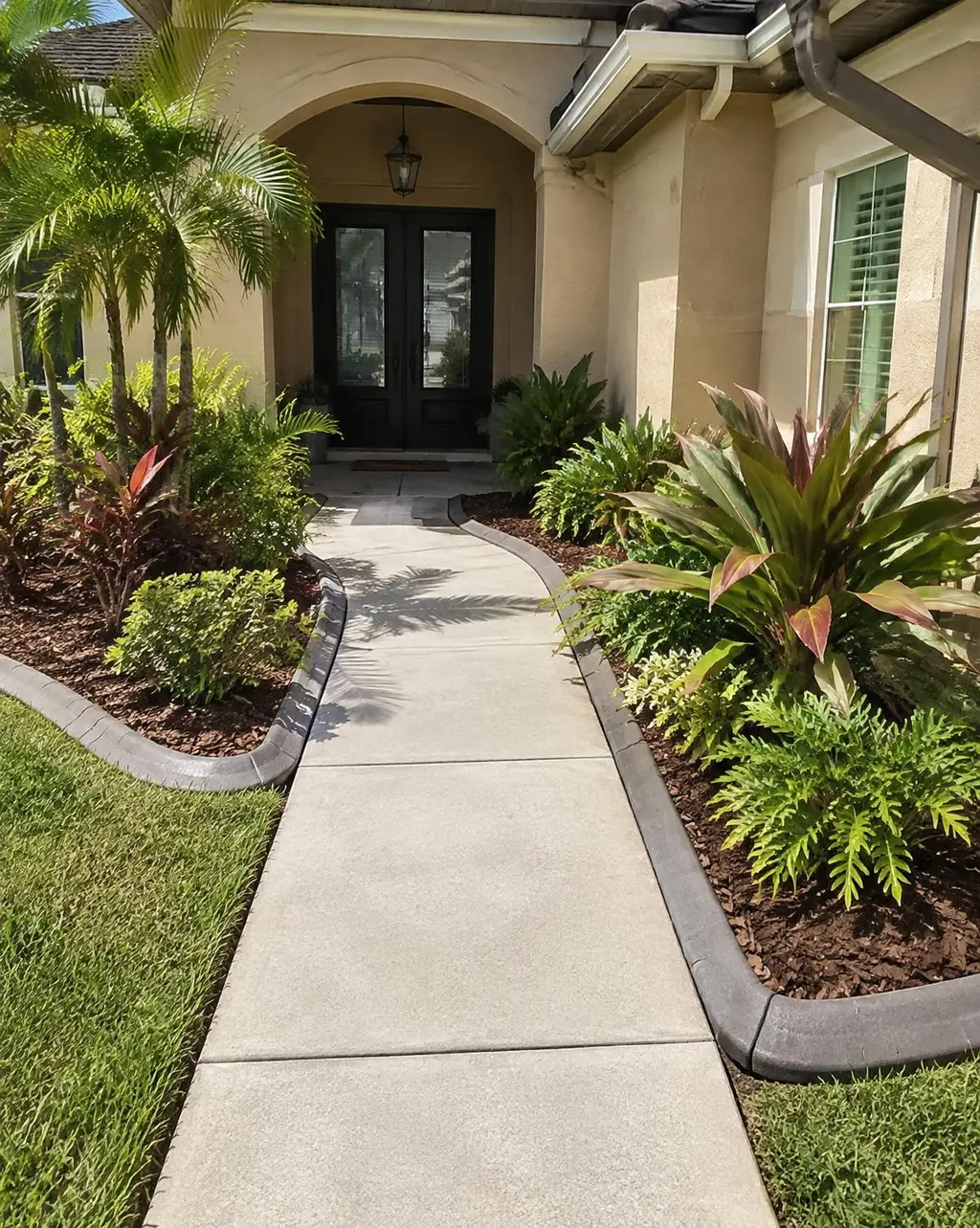 Concrete front walkway with curbing around tropical garden beds