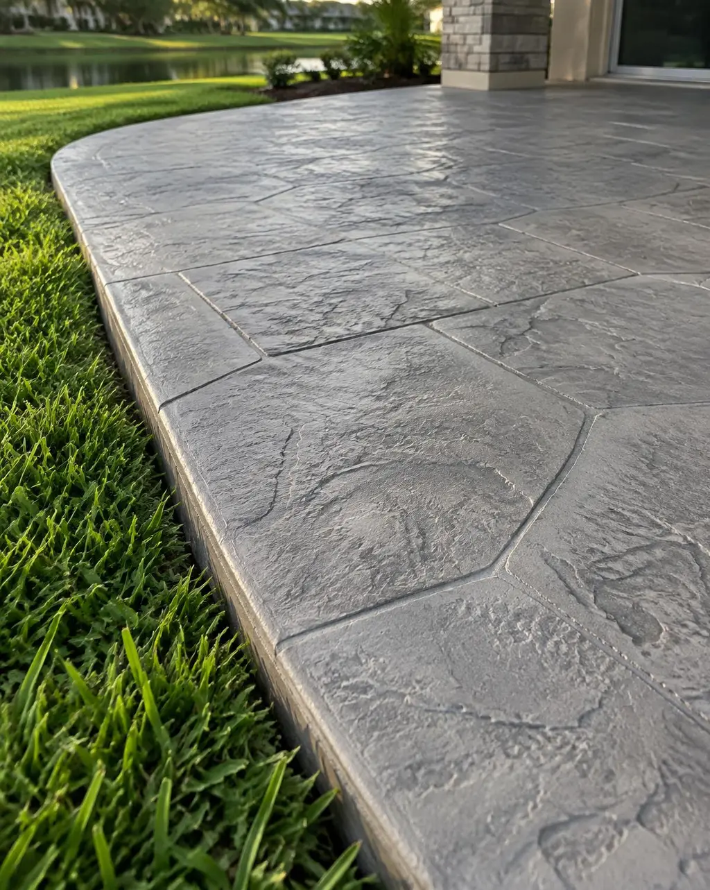 Textured stamped concrete surface meeting a lawn edge